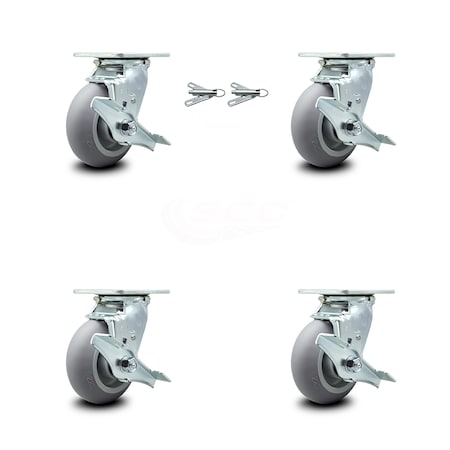 Service Caster 5 Inch Thermoplastic Rubber Caster Set with Roller Bearing 4 Brake 2 Swivel Lock SCC-30CS520-TPRRD-TLB-BSL-2-TLB-2